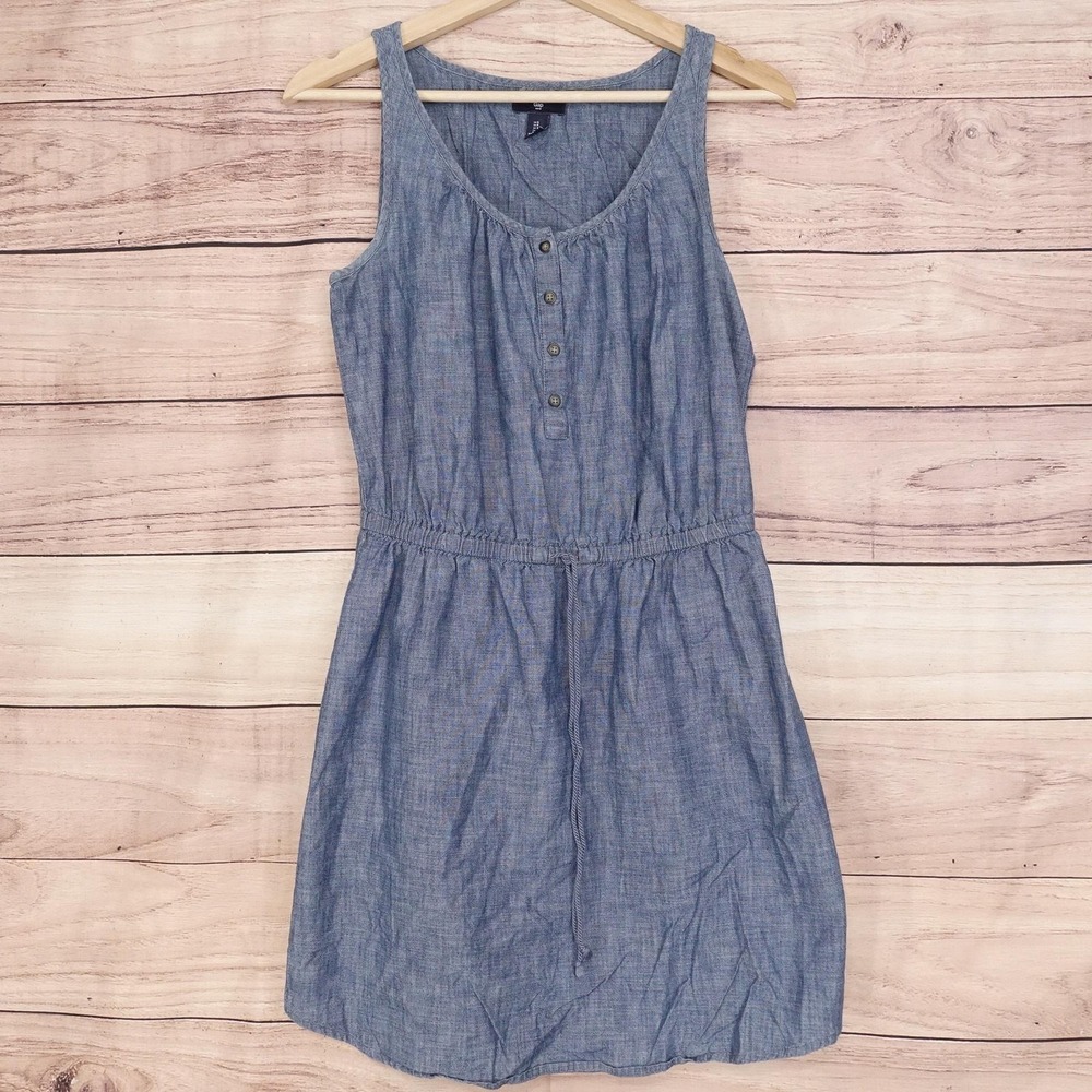 Gap Dress Womens S Blue Chambray Henley Tank Sundress Elastic Waist Drawstring